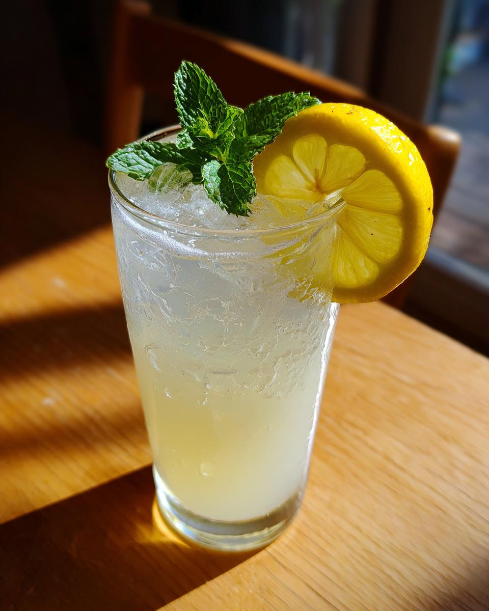A tall glass filled with icy homemade lemonade, garnished with a fresh mint sprig and a lemon wheel.