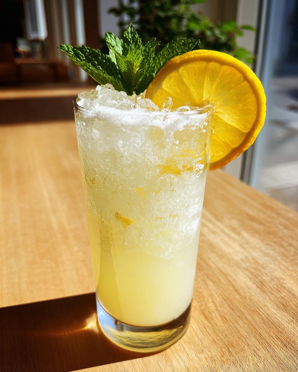 A tall glass filled with crushed ice lemonade, garnished with a lemon slice and fresh mint sprig.