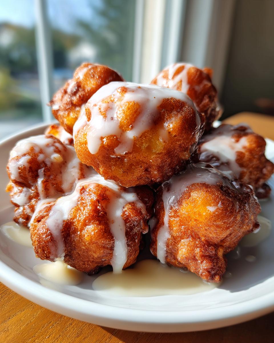 Close-up of several golden-brown apple fritter bites drizzled generously with white vanilla glaze.