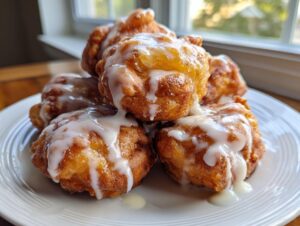 A stack of golden brown, freshly fried apple fritter bites drizzled generously with white vanilla glaze.