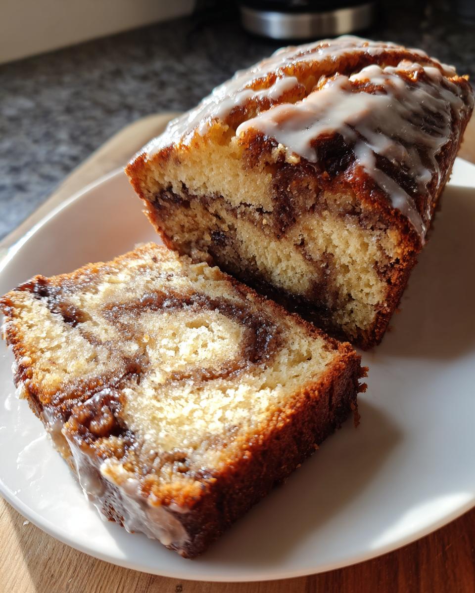 A sliced loaf of moist apple bread featuring a prominent cinnamon swirl and topped with a white glaze.