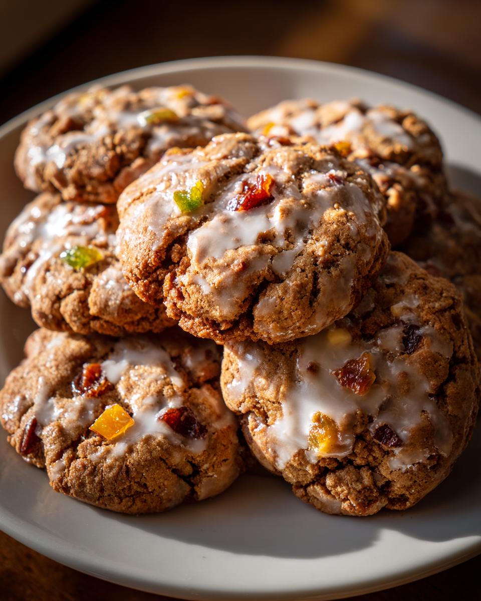 A close-up stack of delicious fruitcake cookies topped with white glaze and colorful candied fruit pieces.