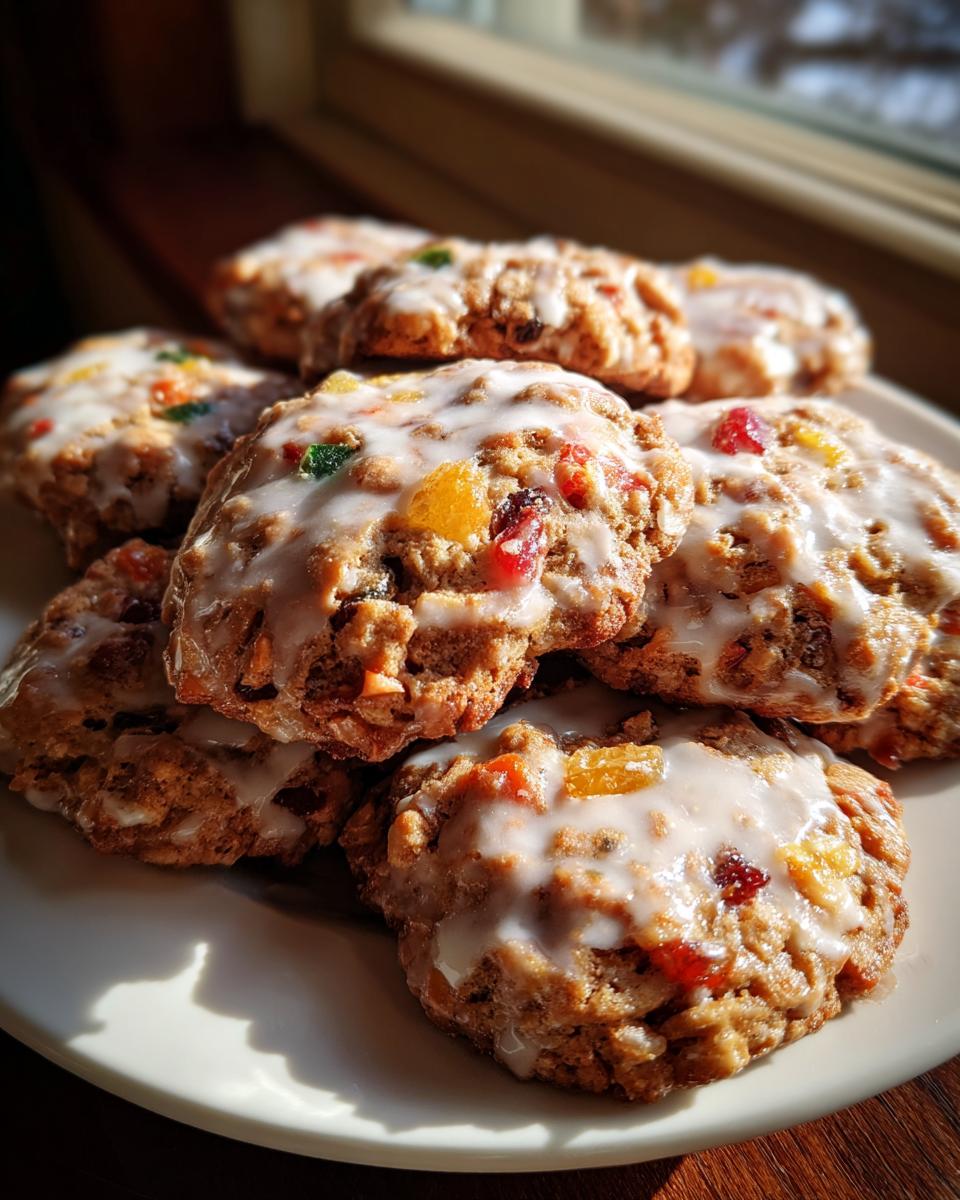 A plate piled high with freshly baked fruitcake cookies topped with a white glaze and colorful candied fruit pieces.