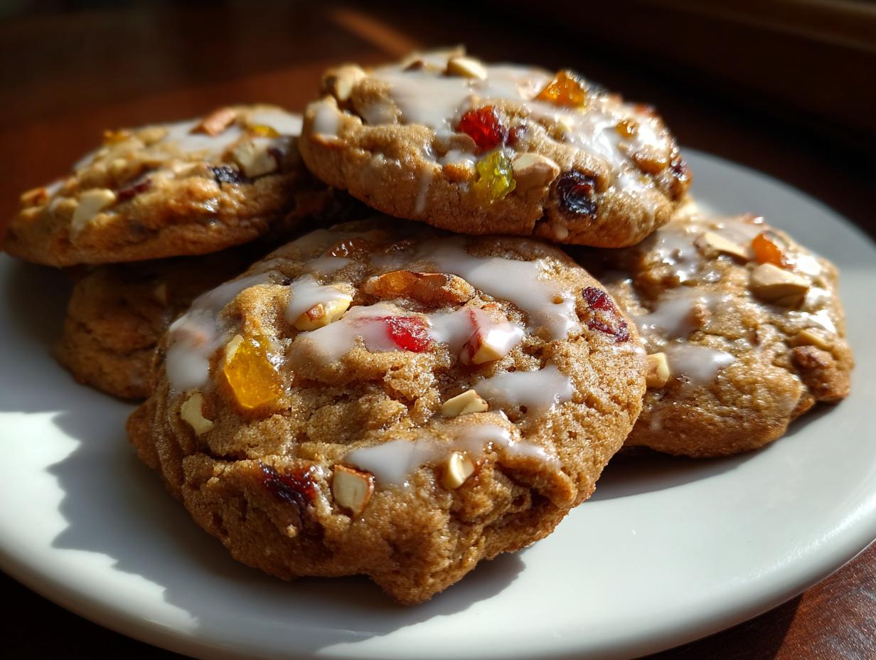 Close-up of several delicious fruitcake cookies topped with white glaze, colorful candied fruit, and chopped nuts.