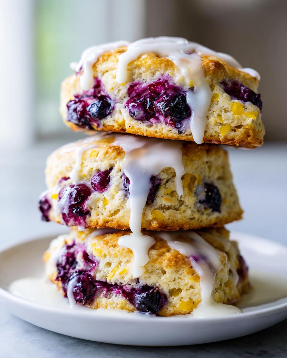 Three stacked lemon blueberry scones generously drizzled with white lemon glaze on a white plate.