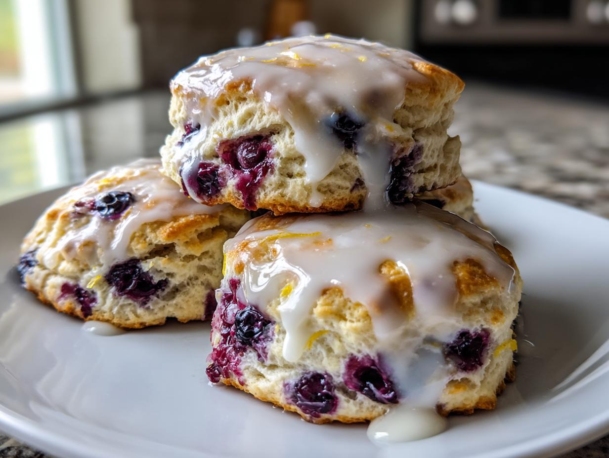 Three fluffy lemon blueberry scones stacked on a white plate, generously drizzled with white lemon glaze.