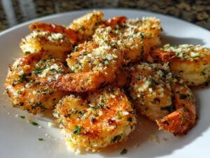 Close-up of golden, crispy air fryer shrimp coated in breading, herbs, and cheese on a white plate.