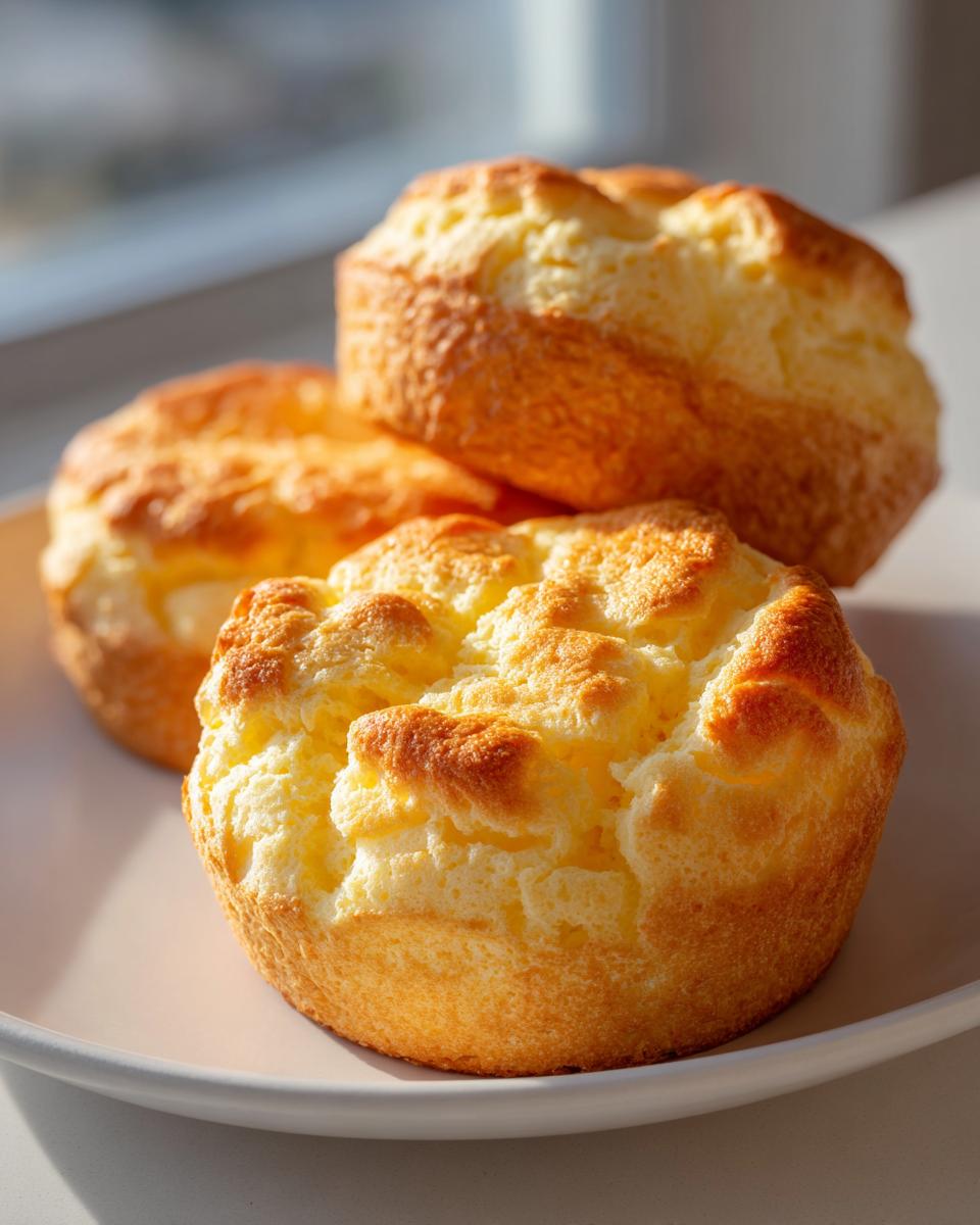 Three fluffy, golden-brown cloud bread muffins stacked slightly on a white plate, backlit by sunlight.