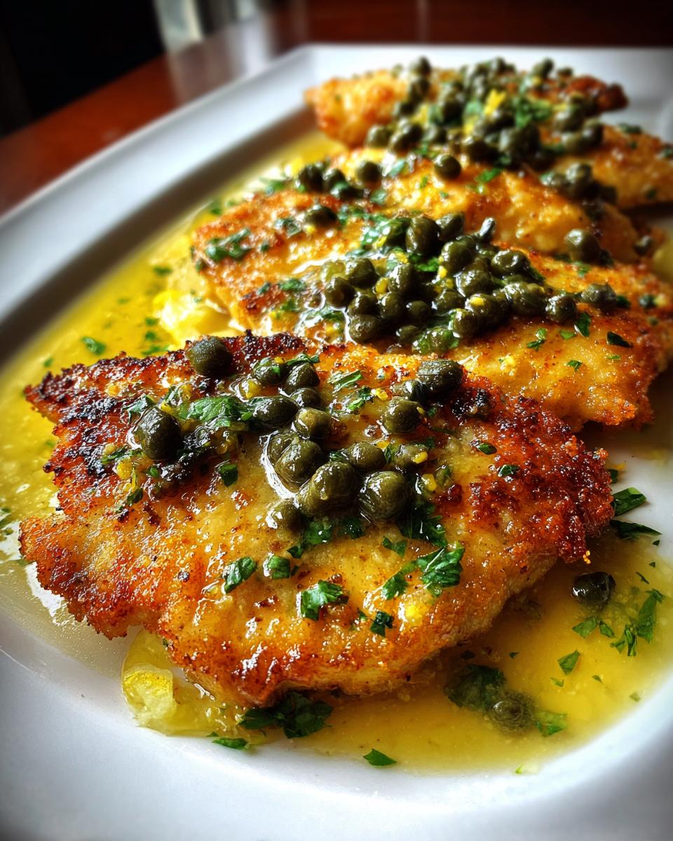 Close-up of pan-fried chicken piccata fillets covered in a bright lemon-butter sauce, capers, and fresh parsley.