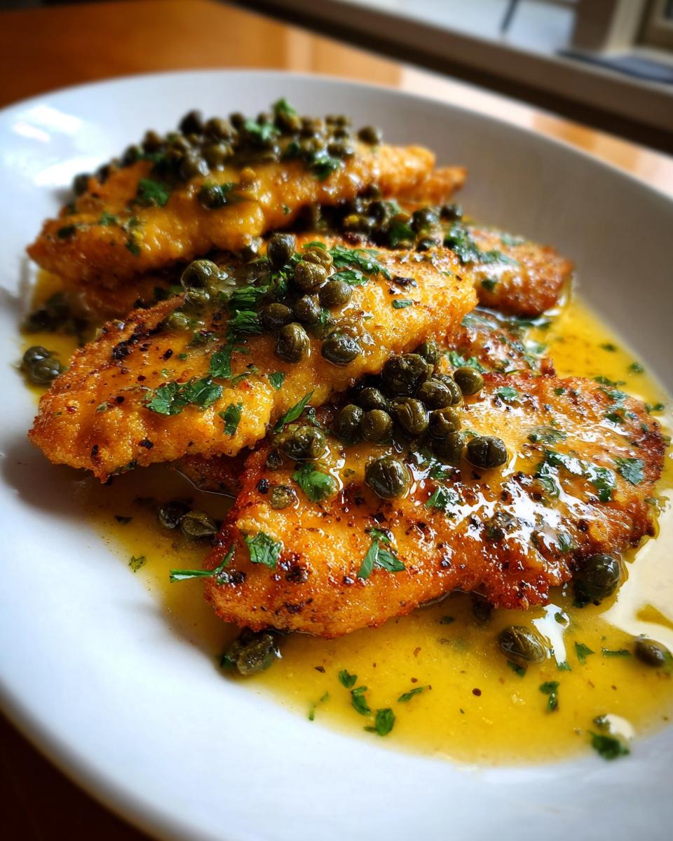Close-up of golden pan-fried chicken piccata fillets covered in a bright lemon butter sauce and generous capers.