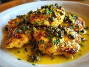 Close-up of pan-seared chicken piccata fillets smothered in bright lemon-butter sauce and topped with capers and parsley.
