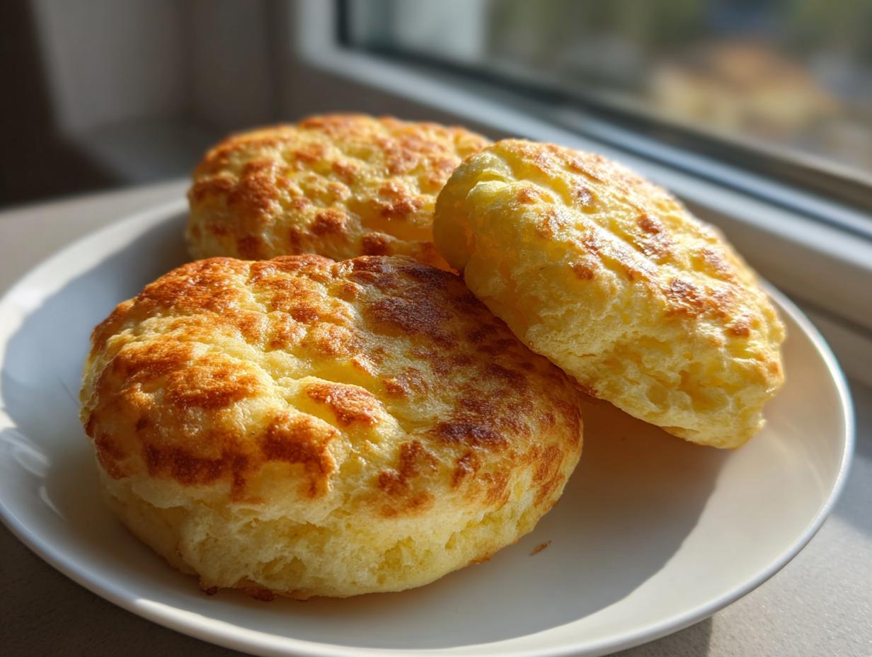 Three fluffy, golden brown cloud bread buns resting on a white plate near a window.