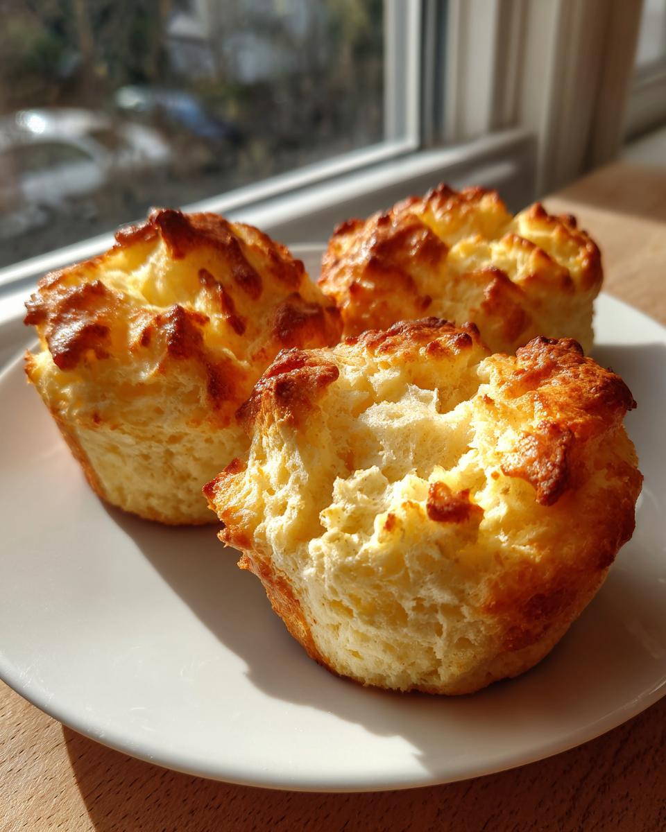 Three freshly baked, golden brown cloud bread muffins sitting on a white plate near a sunlit window.