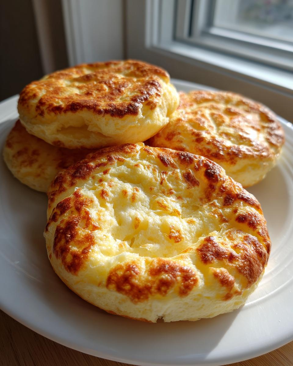 Four golden brown, fluffy cloud bread rounds stacked slightly on a white plate near a window.