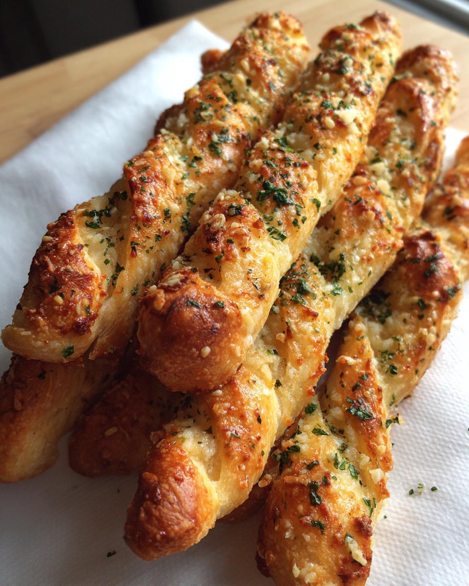 Close-up of a stack of golden, twisted breadsticks topped with melted cheese, garlic, and parsley.