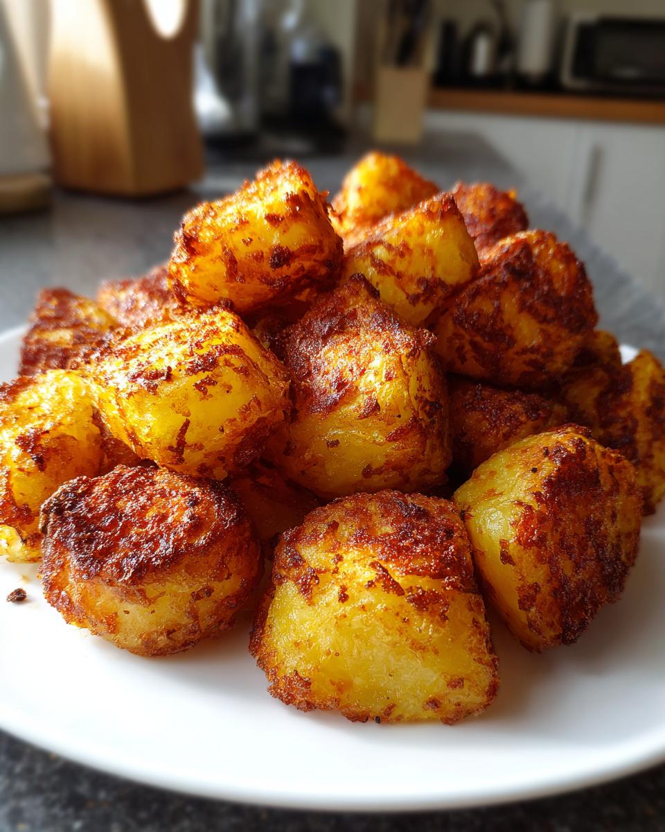 A pile of golden brown, crispy oven roasted potatoes served on a white plate.