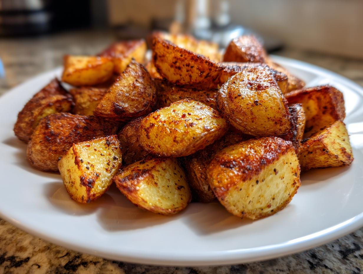 A close-up of perfectly seasoned and golden brown oven roasted potatoes piled on a white plate.