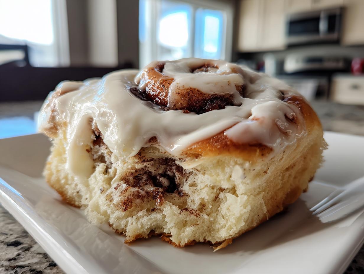 Close-up of a single, fluffy cinnamon bun topped with thick, white icing, showing the gooey cinnamon swirl inside.