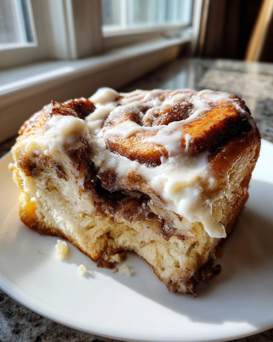 A close-up of a single, gooey cinnamon buns slice with thick cream cheese frosting, sitting on a white plate.