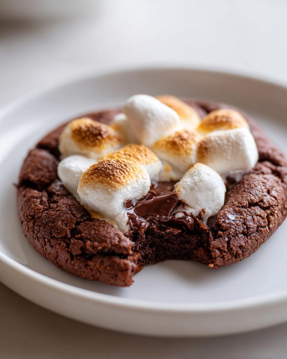 Close-up of a rich, fudgy hot chocolate cookie topped with toasted marshmallows and melted chocolate.