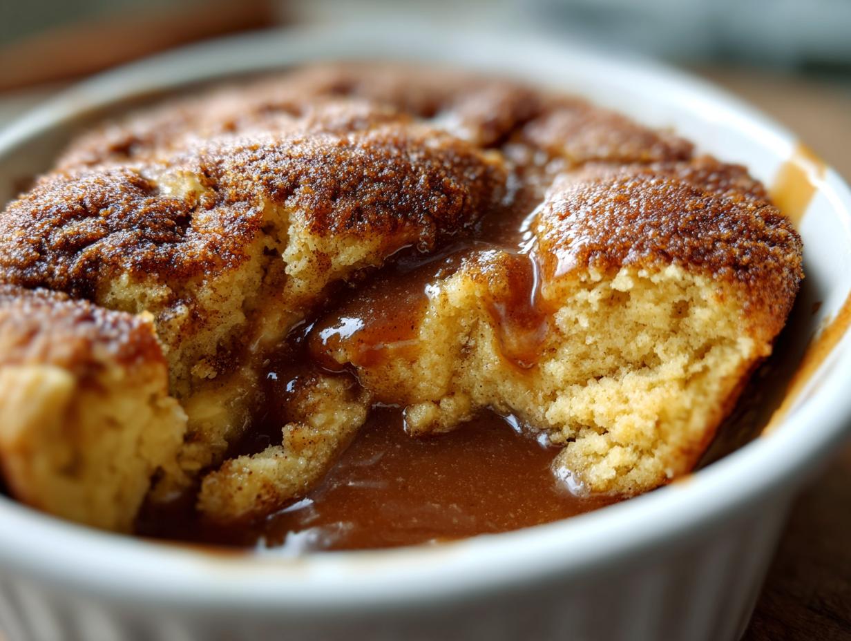 A close-up of a warm snickerdoodle cobbler with a cinnamon-sugar top, revealing a gooey caramel sauce underneath.