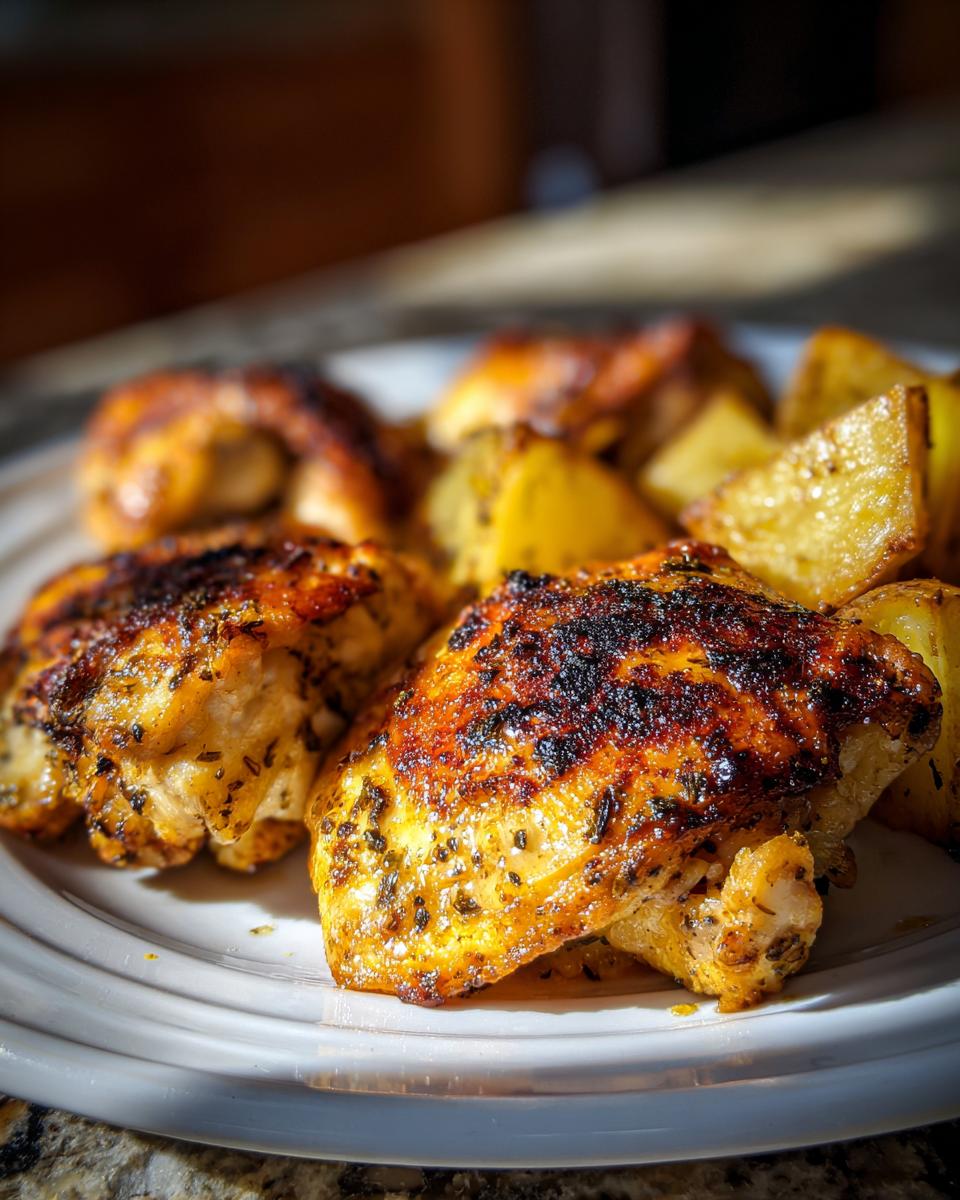 Close-up of golden brown, crispy skin greek lemon chicken pieces served with roasted potatoes on a white plate.
