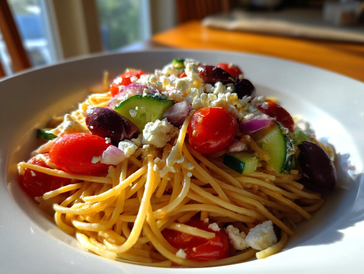 Close-up of a vibrant greek pasta salad featuring spaghetti, cherry tomatoes, cucumbers, feta, and Kalamata olives.