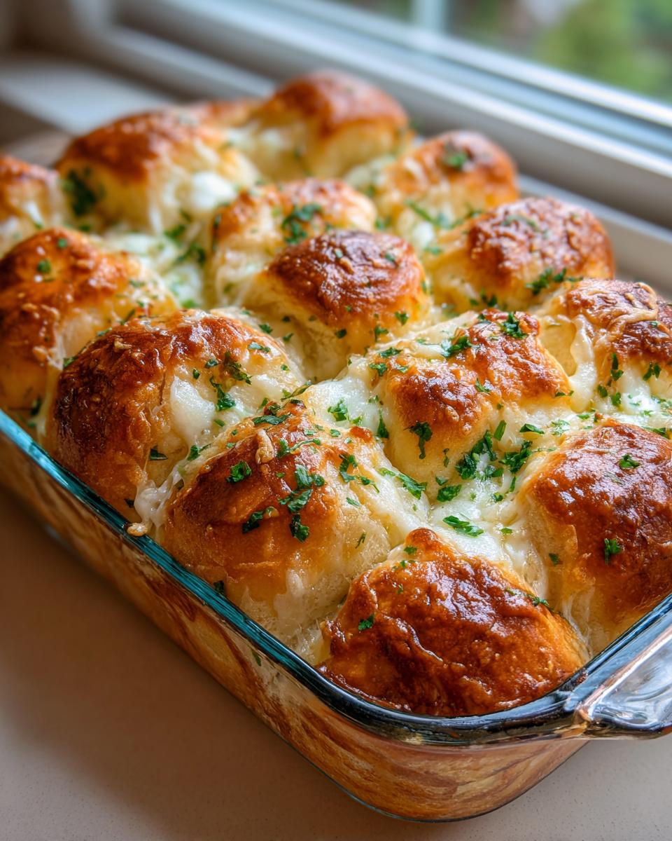 Close-up of baked Hawaiian roll garlic bread with melted cheese and parsley in a glass dish.