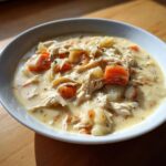 Close-up of a white bowl filled with rich homemade cream of chicken soup, featuring shredded chicken, diced carrots, and potatoes.