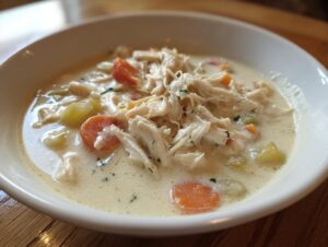 A close-up view of rich, creamy homemade cream of chicken soup topped with shredded chicken and sliced carrots.