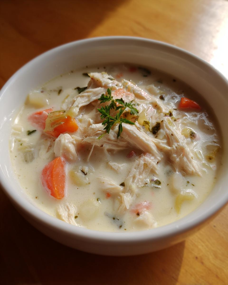 Close-up of a white bowl filled with thick homemade cream of chicken soup, featuring shredded chicken, carrots, and herbs.
