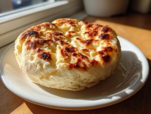 A single, thick homemade english muffin with golden-brown, slightly charred spots resting on a white plate.