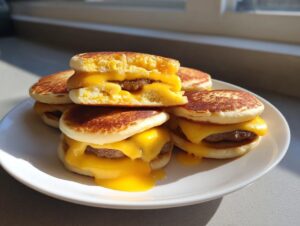 A stack of homemade McGriddle bites featuring sausage patties and melted American cheese between sweet pancakes.