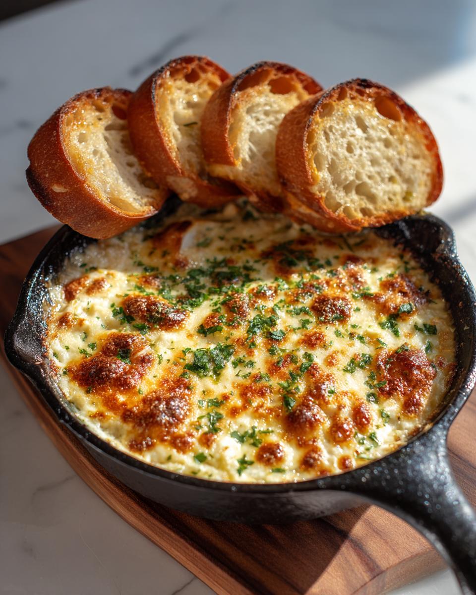 Close-up of a hot, cheesy bread dip baked in a cast iron skillet, topped with parsley and served with toasted baguette slices.
