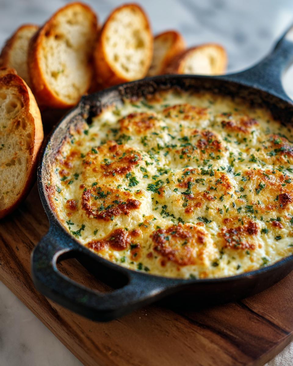 Hot, bubbly, cheesy bread dip served in a cast iron skillet with toasted baguette slices for dipping.