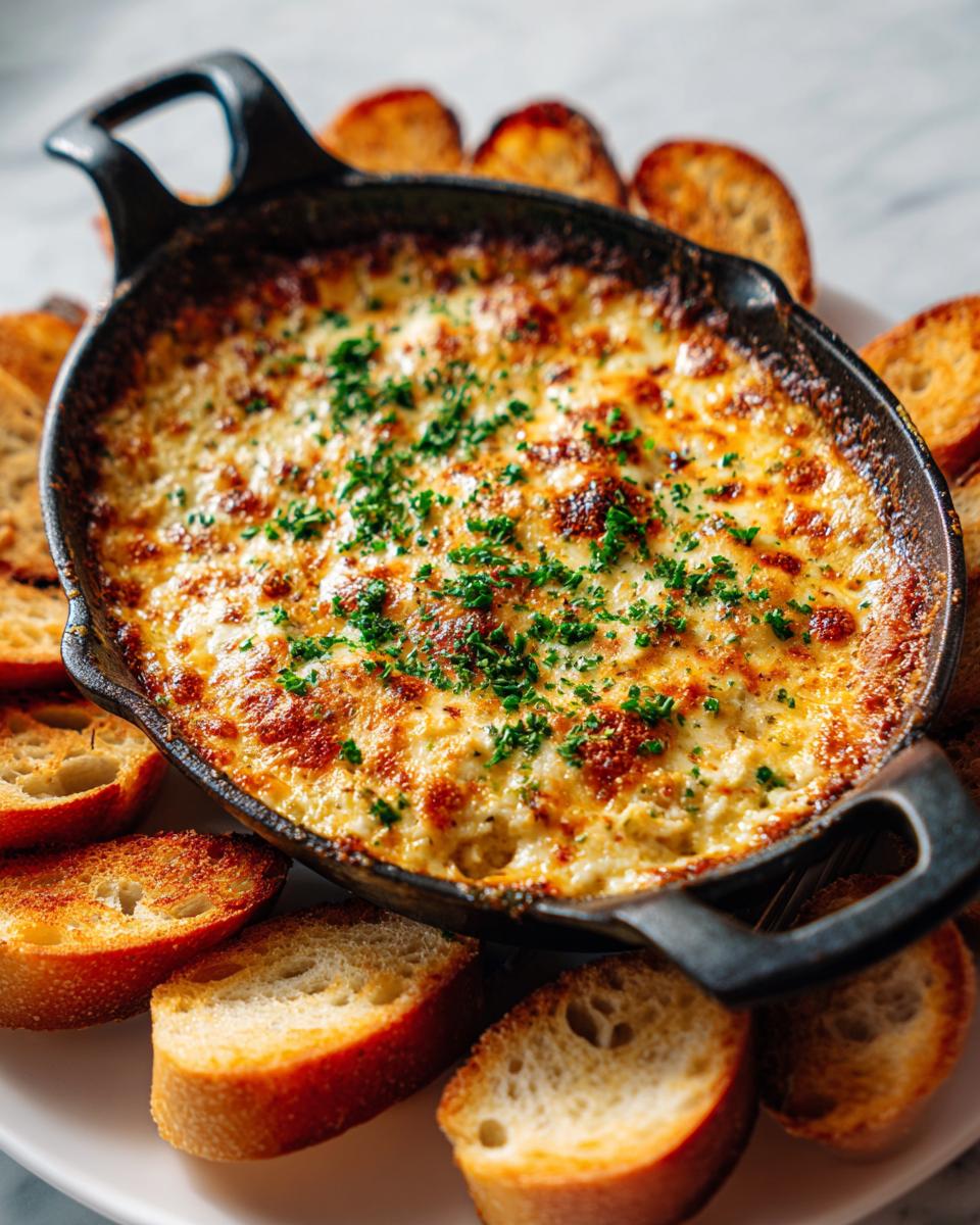 Hot, bubbly, cheesy bread dip served in a small cast iron skillet surrounded by toasted baguette slices for dipping.