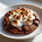 Close-up of a rich, dark chocolate hot chocolate cookie topped with toasted, gooey marshmallows.