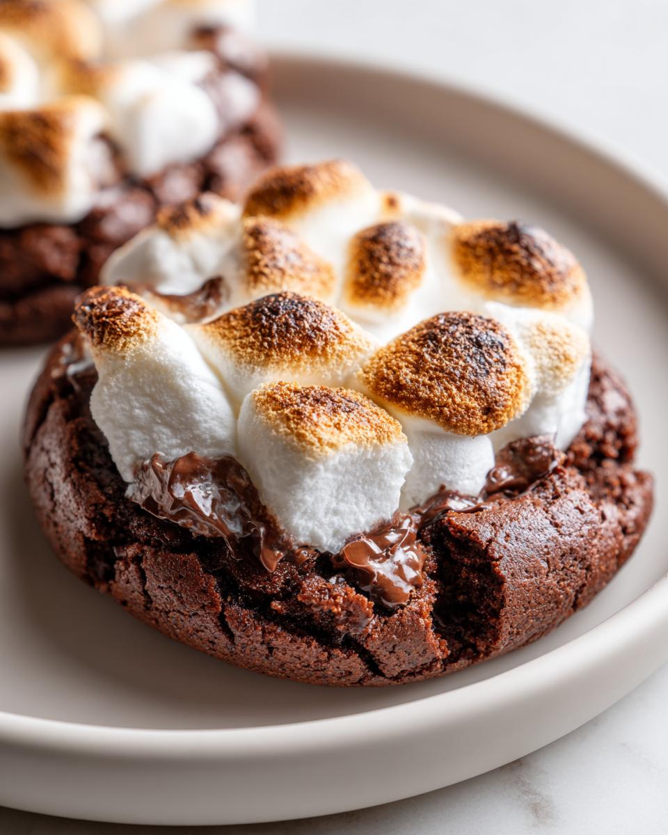 Close-up of a rich, dark chocolate hot chocolate cookies topped with melted chocolate and toasted marshmallows.