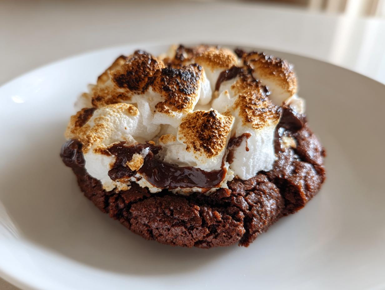 Close-up of a rich, dark chocolate cookie topped with melted chocolate and toasted marshmallows, resembling hot chocolate cookies.