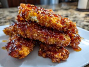 A stack of crispy, glazed hot honey chicken tenders coated in a shiny, dark sauce and sprinkled with sesame seeds.