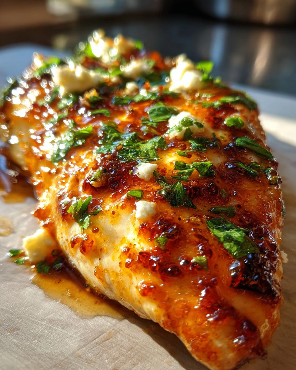 Close-up of a juicy chicken breast glazed with sticky hot honey sauce, topped with feta crumbles and fresh parsley.