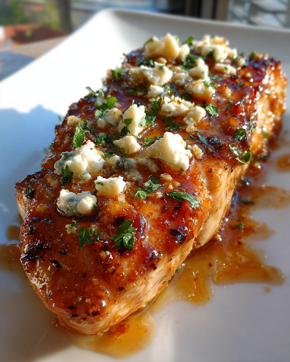 Close-up of a glazed chicken breast topped with crumbled feta cheese and fresh parsley, part of the hot honey feta chicken recipe.