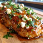 A juicy chicken breast coated in a glossy glaze, topped with crumbled feta and fresh parsley, ready to serve as hot honey feta chicken.