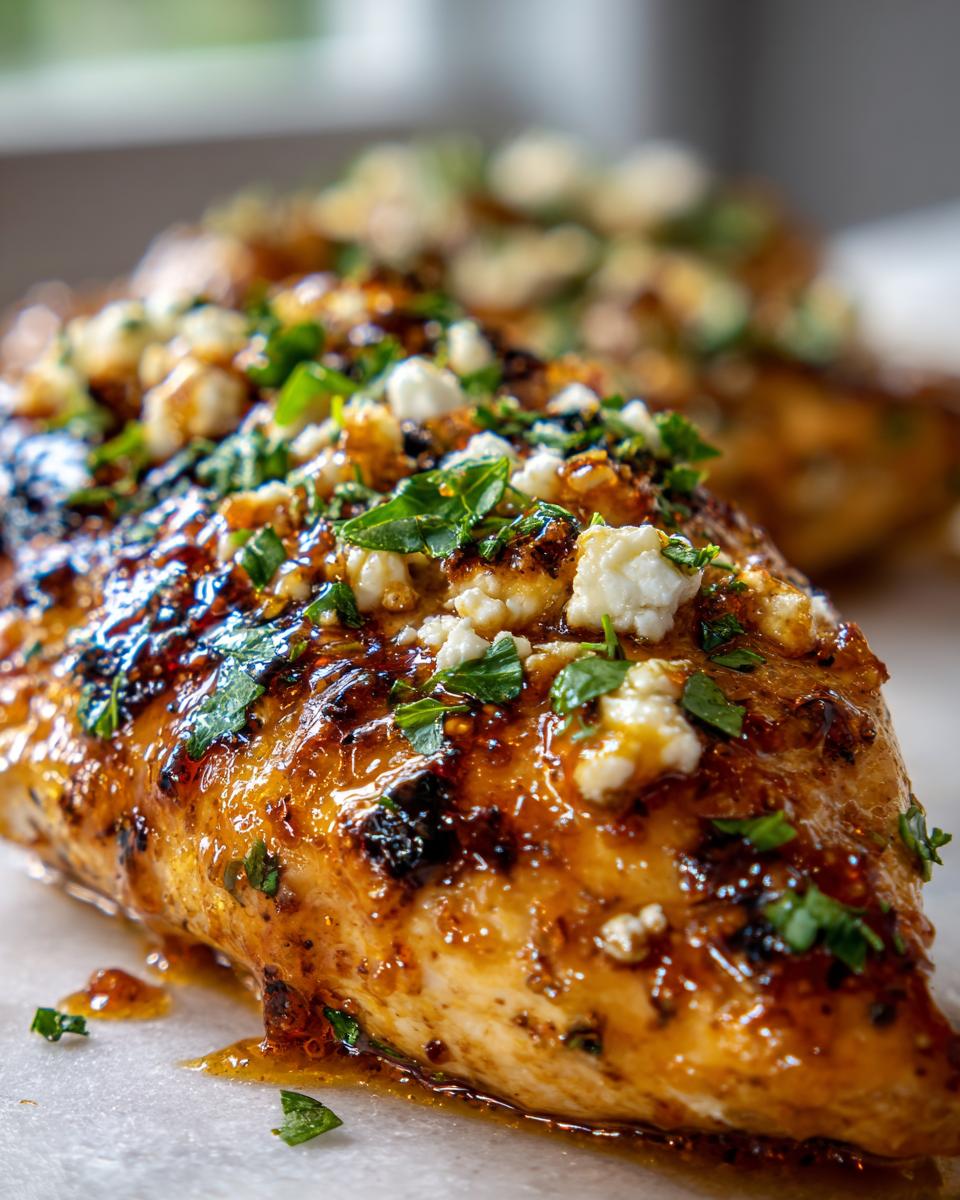 Close-up of a glazed hot honey feta chicken breast topped with crumbled feta and fresh parsley.