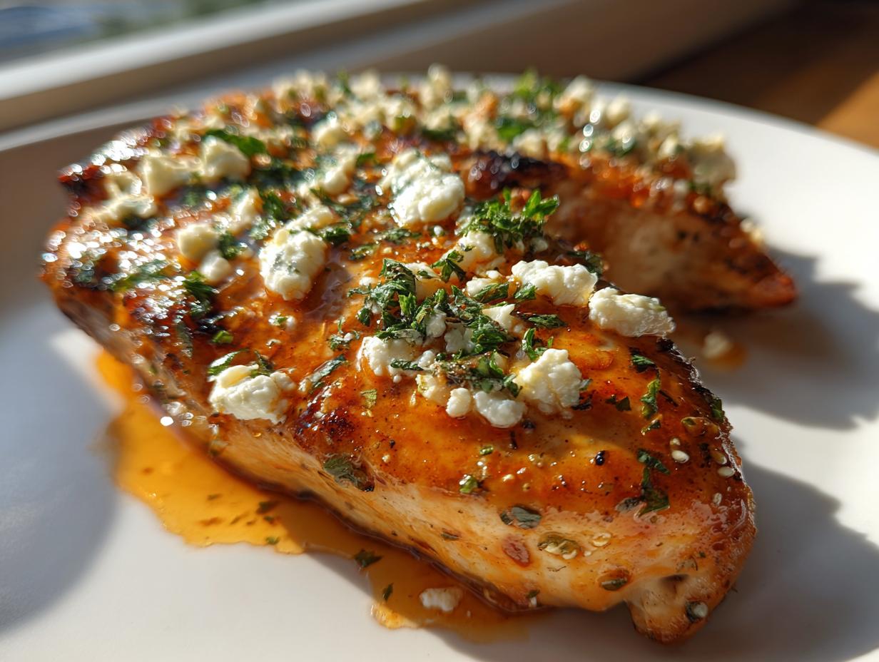 Close-up of glazed hot honey feta chicken breast topped with crumbled feta and fresh parsley.