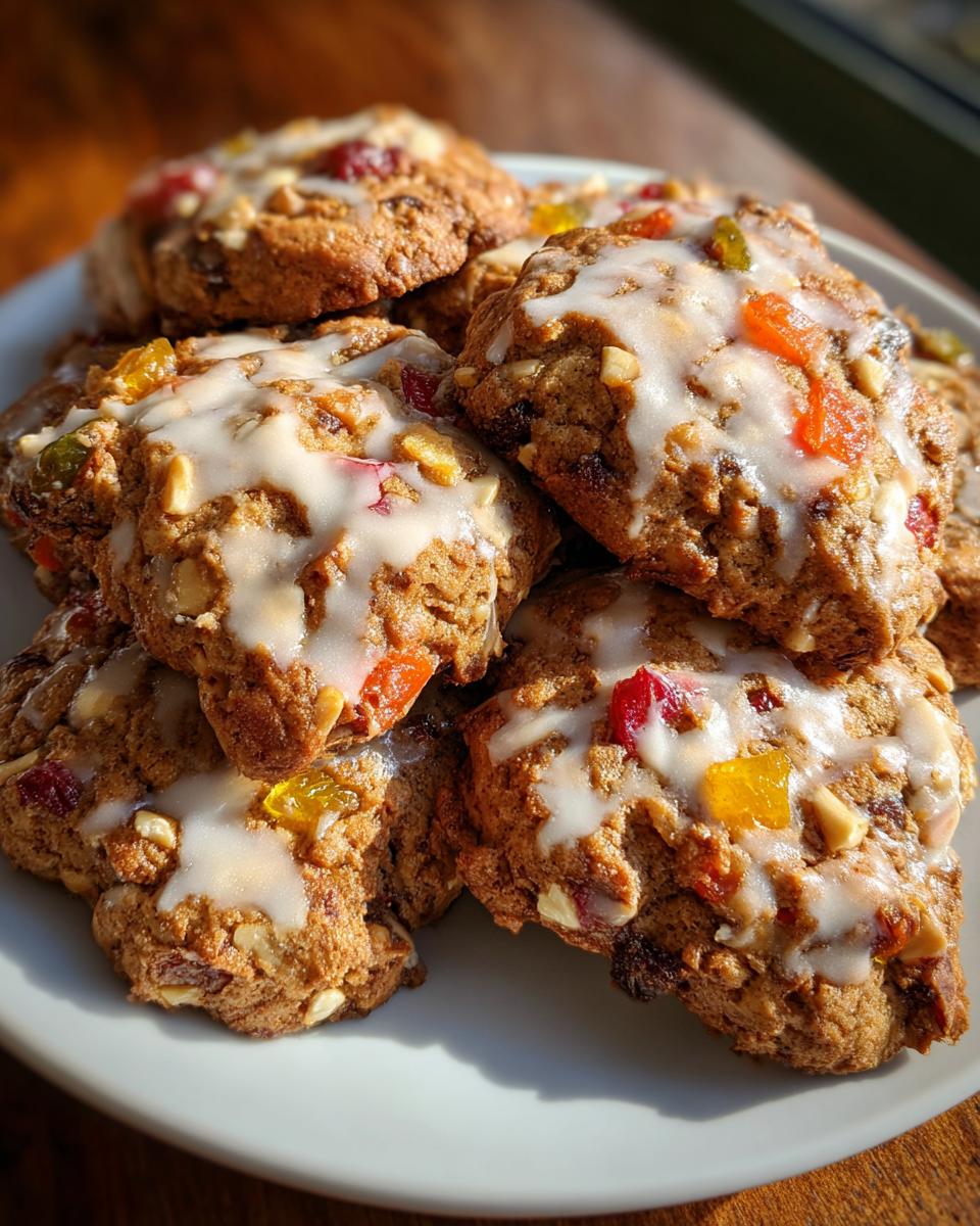 A close-up stack of homemade fruitcake cookies topped with white icing and colorful candied fruit pieces.