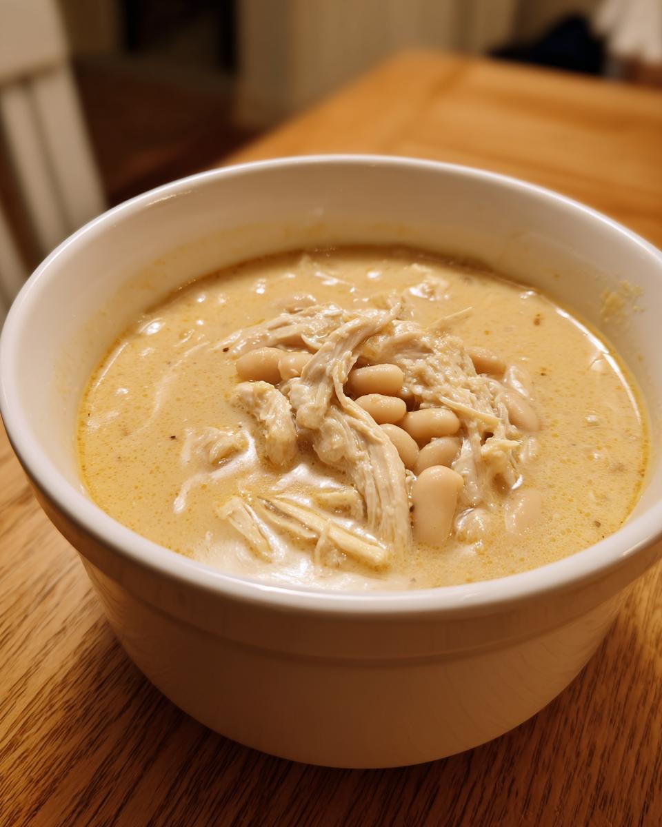 A close-up of a white bowl filled with creamy instant pot white chicken chili, topped with shredded chicken and white beans.