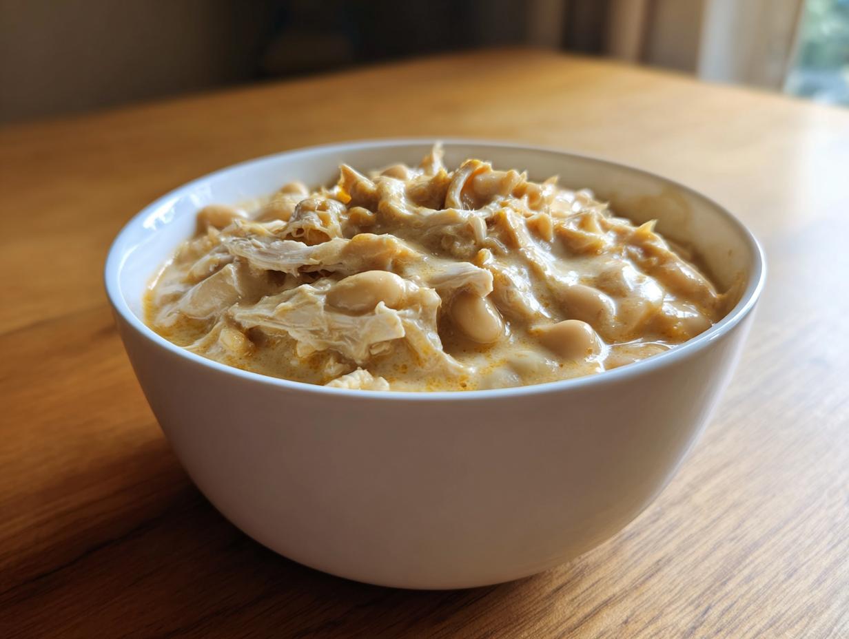 A close-up of a white bowl filled with creamy instant pot white chicken chili, showing shredded chicken and white beans.
