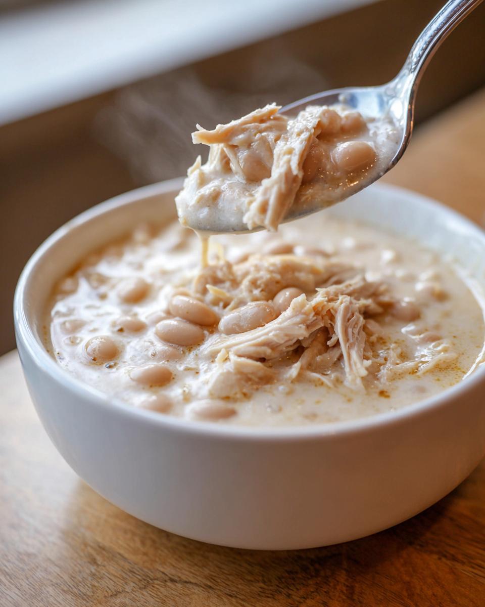 A spoonful of creamy instant pot white chicken chili, showing shredded chicken and white beans, lifted from a white bowl.