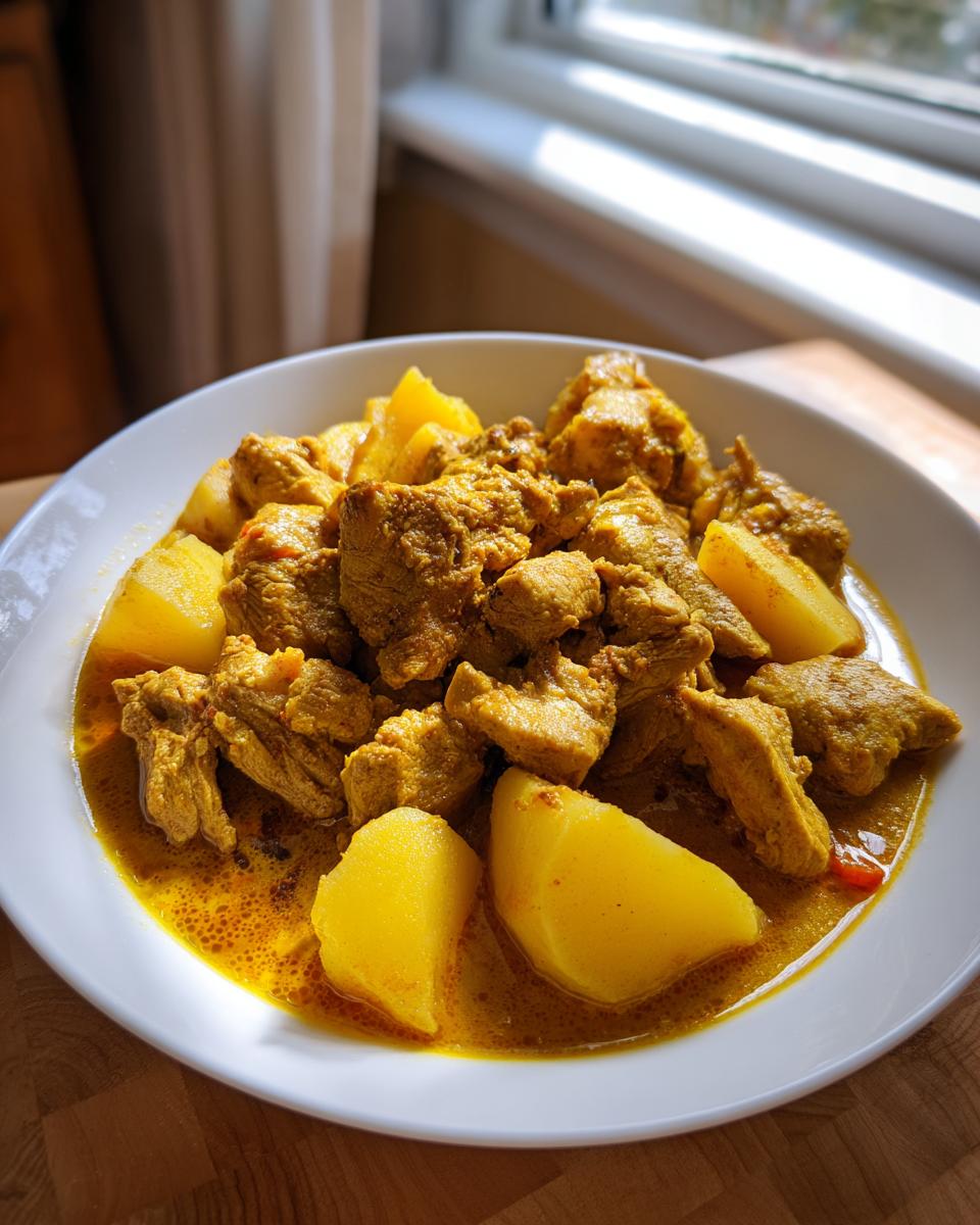 Close-up of a white bowl filled with rich, yellow Jamaican curry chicken pieces and large chunks of potato.